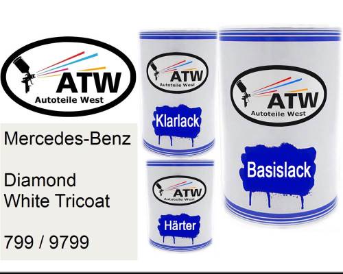 Mercedes-Benz, Diamond White Tricoat, 799 / 9799: 500ml Lackdose + 500ml Klarlack + 250ml Härter - Set, von ATW Autoteile West.